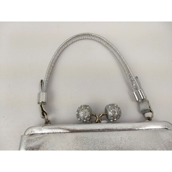 Vintage AFTER FIVE Silver Evening Clutch Hand Bag Rhinestone Orbs Kiss‎ Lock - Picture 2 of 16